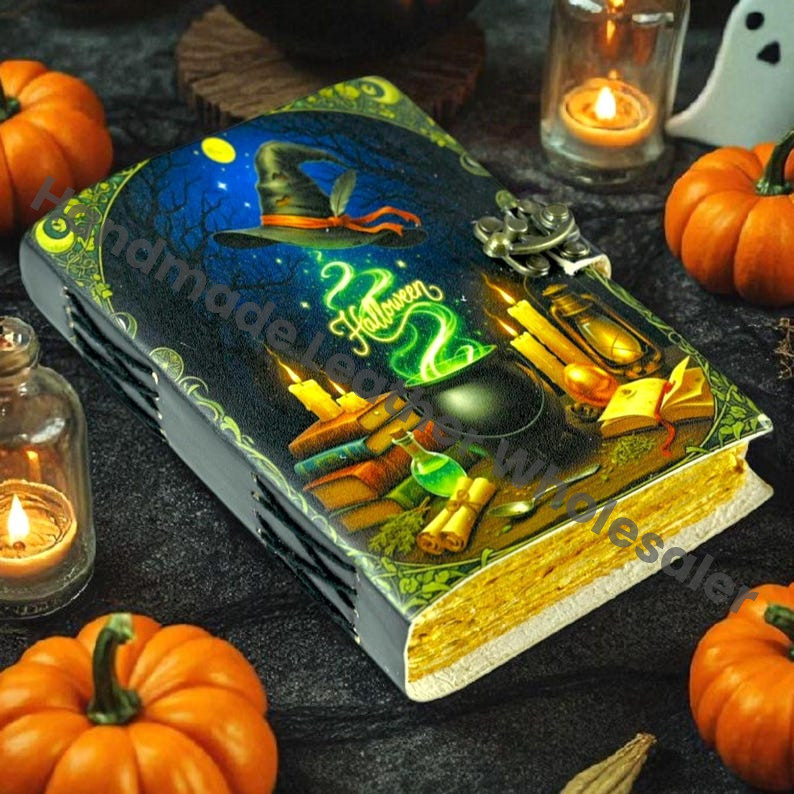 Handmade Witch Cauldron Grimoire with Lock: Halloween Spell Book Journal