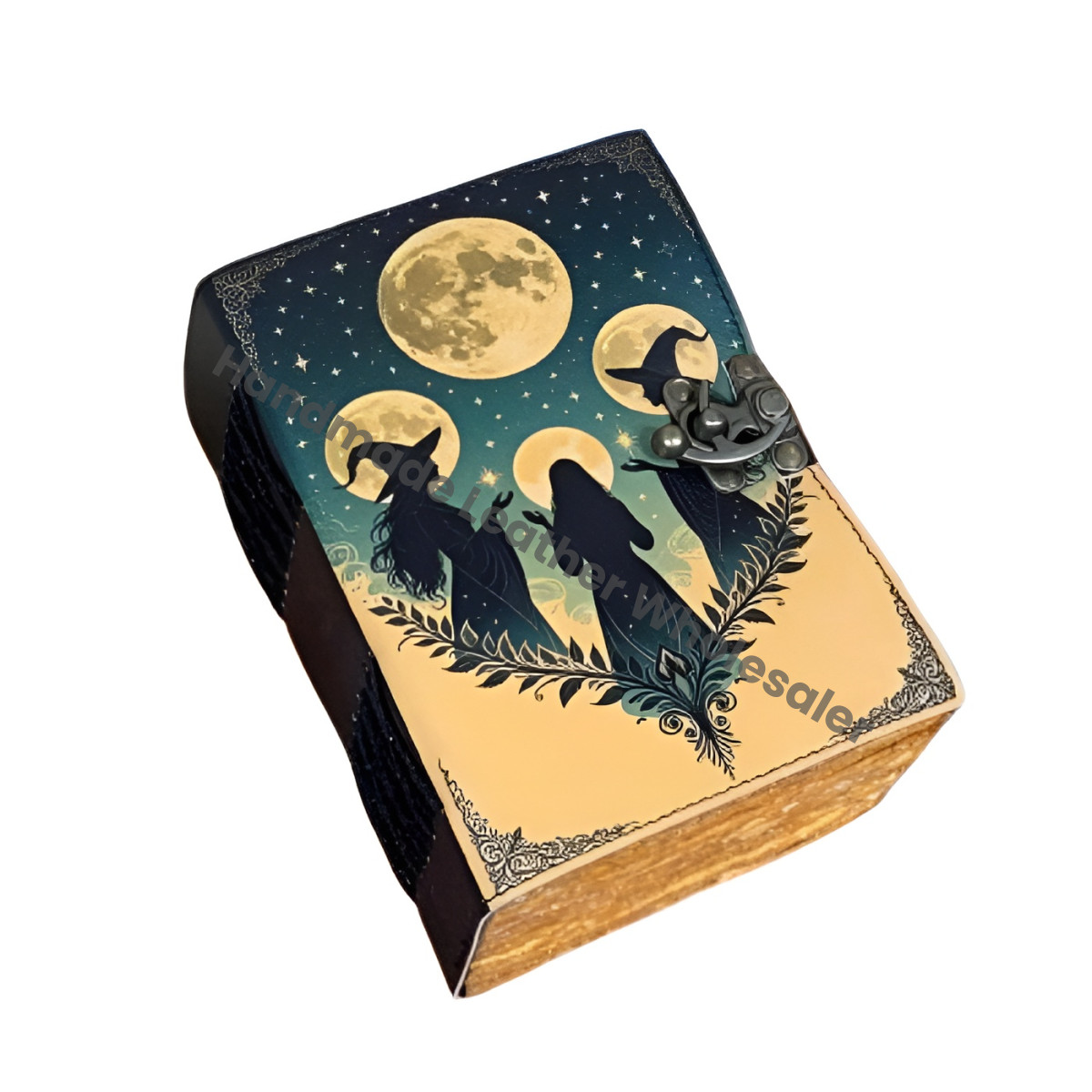 Handmade Witch Trio Moon Journal | Vintage Deckle Edge Notebook | Witchcraft Grimoire | Celestial Spell Book