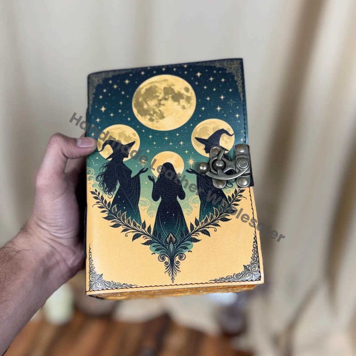 Handmade Witch Trio Moon Journal | Vintage Deckle Edge Notebook | Witchcraft Grimoire | Celestial Spell Book