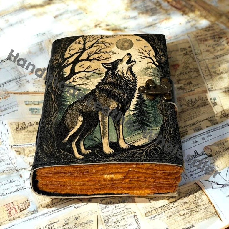 Handmade Wolf Leather Journal | Vintage Grimoire Notebook | Celtic Wolf Moon Journal | Gothic Spell Book | Fantasy Writing Journal Gift.
