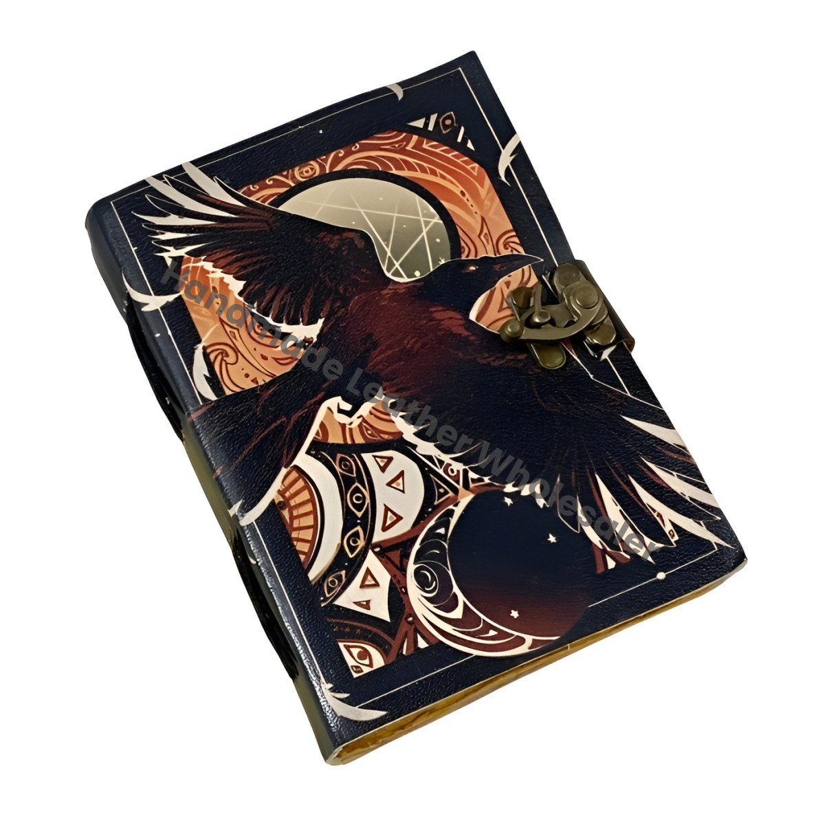 Handstitched Leather Grimoire Journal: Raven Spell Book with Brass Clasp
