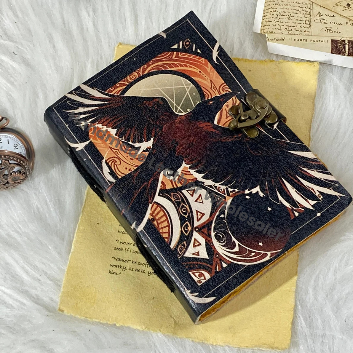 Handstitched Leather Grimoire Journal: Raven Spell Book with Brass Clasp