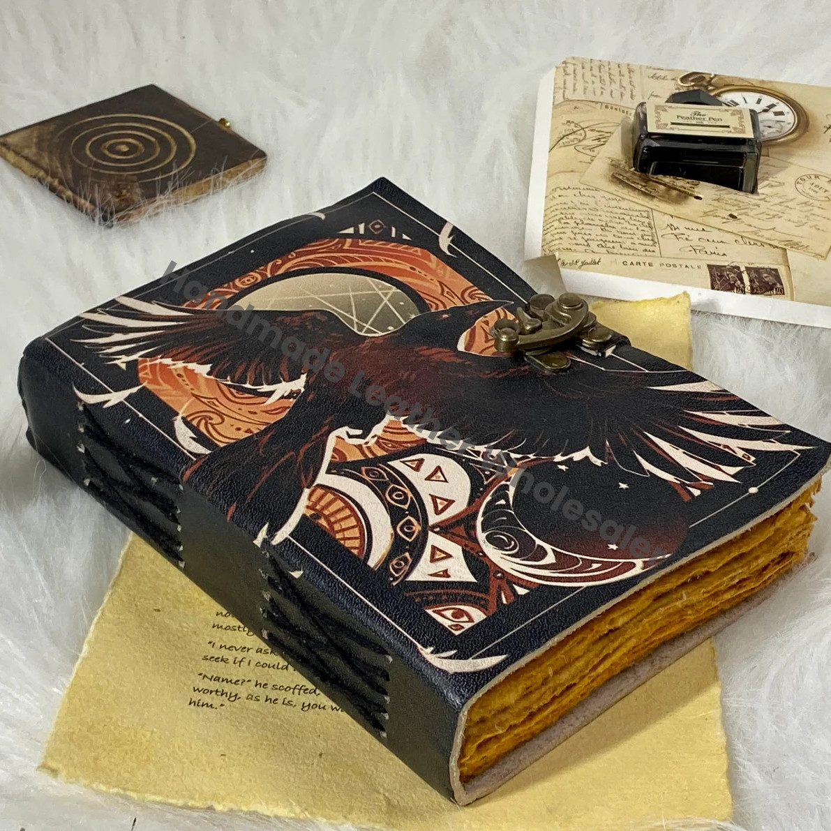 Handstitched Leather Grimoire Journal: Raven Spell Book with Brass Clasp