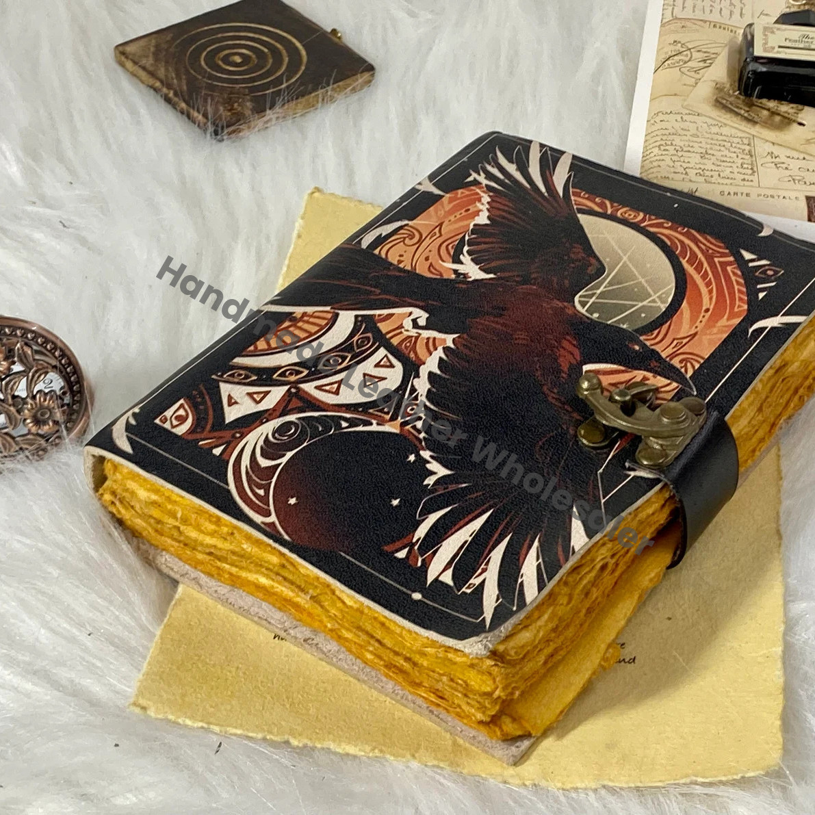 Handstitched Leather Grimoire Journal: Raven Spell Book with Brass Clasp