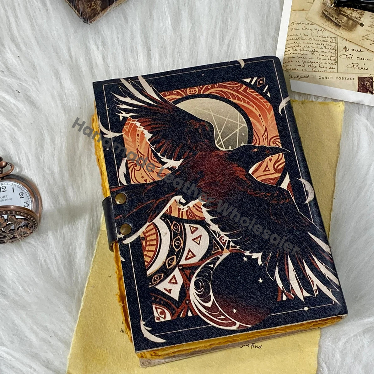 Handstitched Leather Grimoire Journal: Raven Spell Book with Brass Clasp