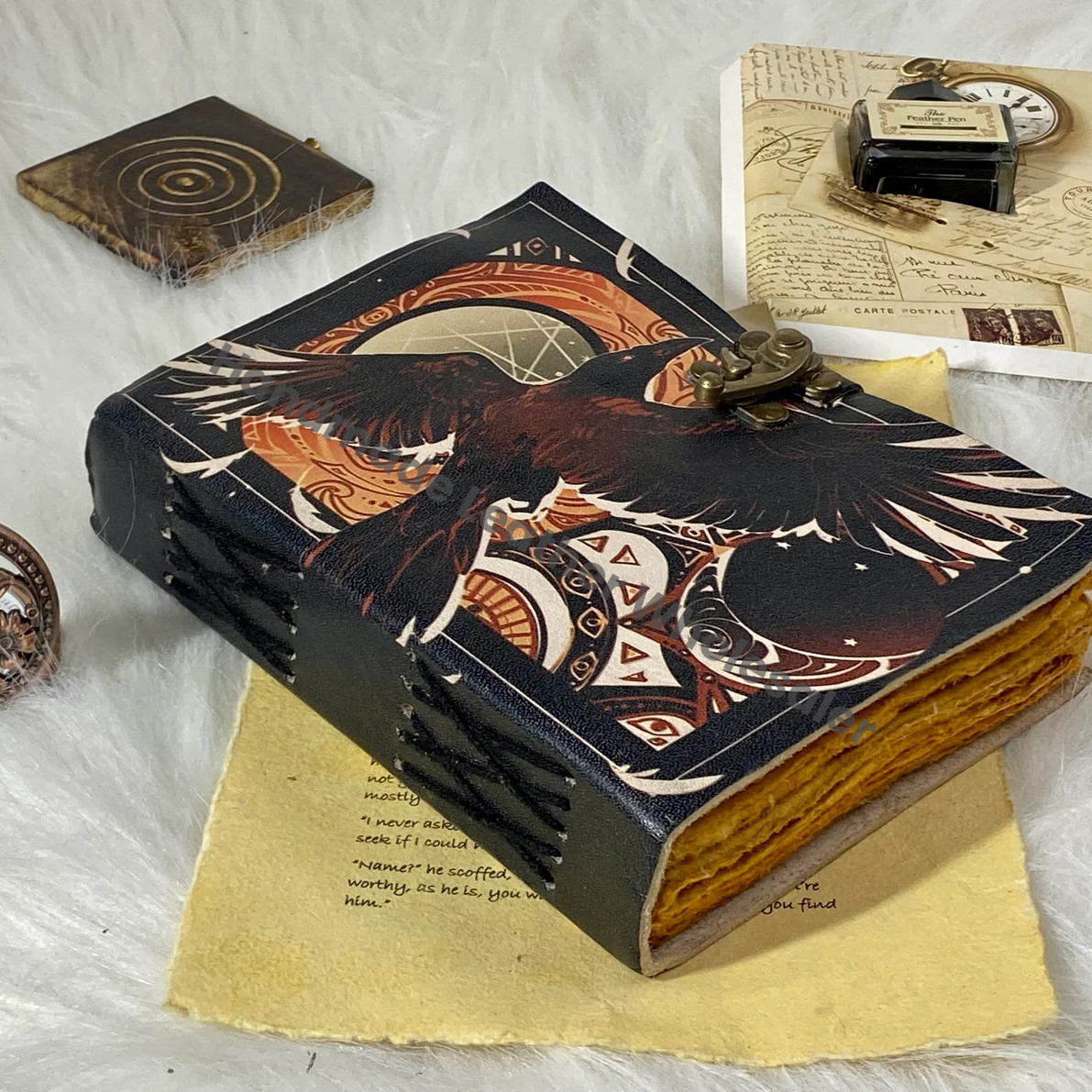 Handstitched Leather Grimoire Journal: Raven Spell Book with Brass Clasp
