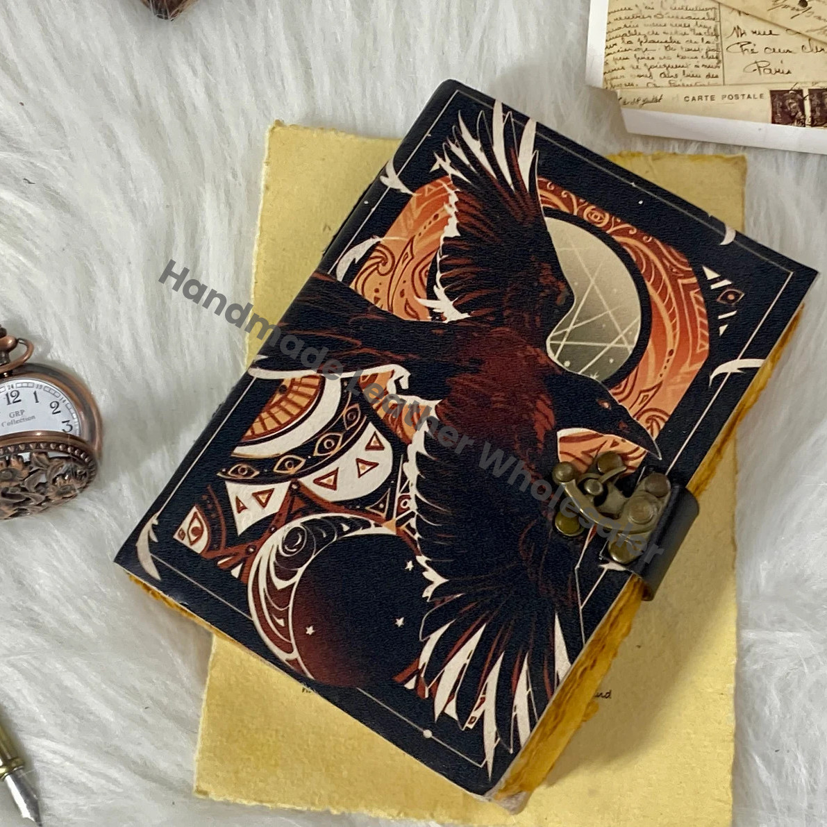 Handstitched Leather Grimoire Journal: Raven Spell Book with Brass Clasp