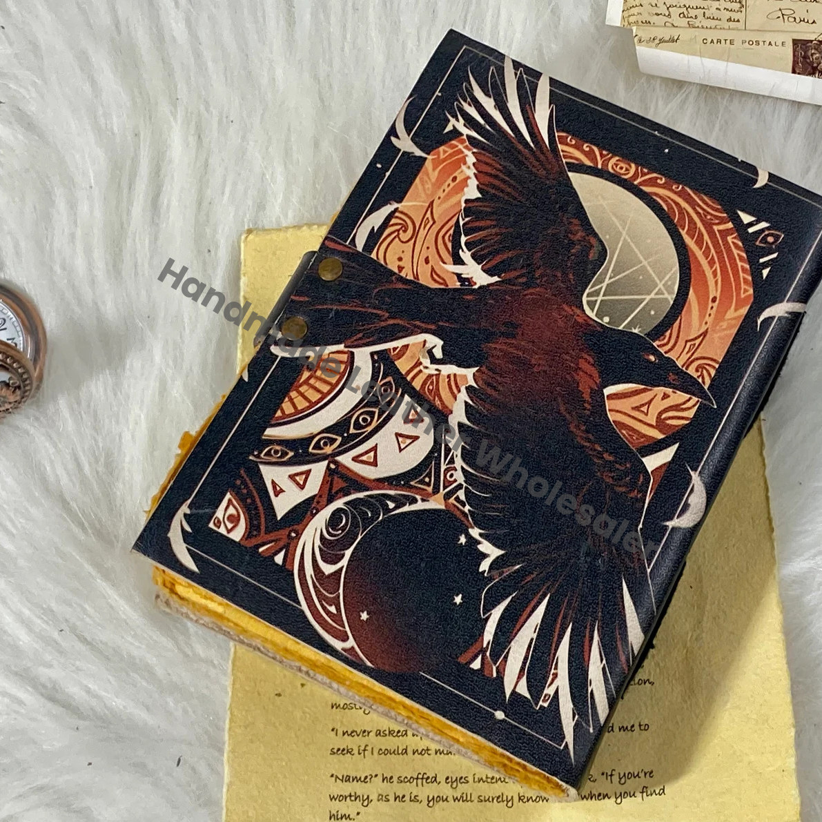 Handstitched Leather Grimoire Journal: Raven Spell Book with Brass Clasp