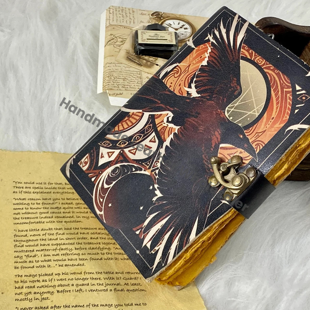 Handstitched Leather Grimoire Journal: Raven Spell Book with Brass Clasp