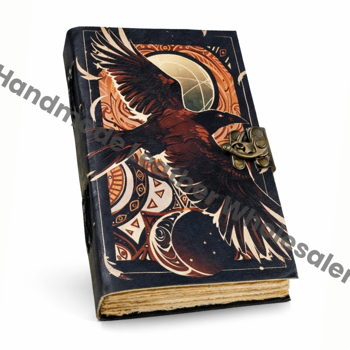 Handstitched Raven Leather Grimoire Journal: Raven Spell Book with Brass Clasp