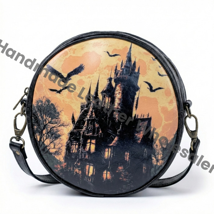 Haunted House Gothic Crossbody Bag Vegan Leather Round Castle Halloween Bag October Pumpkin Spice Gift for Witchy Lovers Handbag
