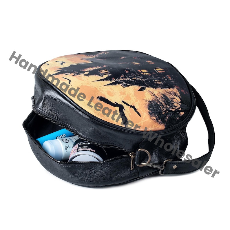 Haunted House Gothic Crossbody Bag Vegan Leather Round Castle Halloween Bag October Pumpkin Spice Gift for Witchy Lovers Handbag