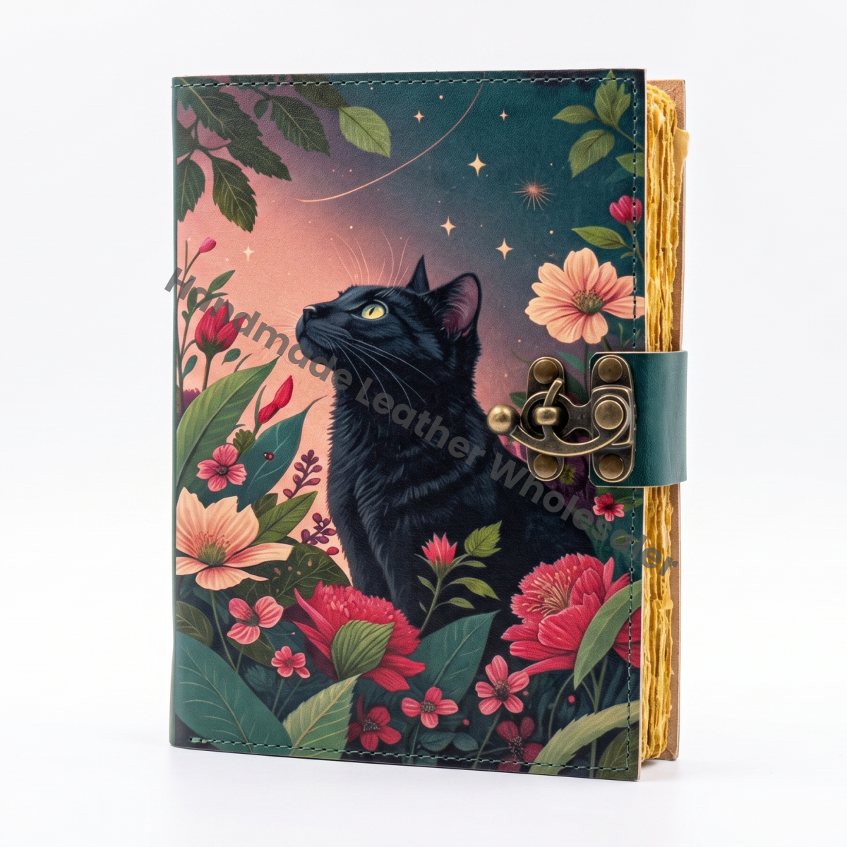 HLW Black Cat Leather Grimoire, Floral Witchy Journal, Vintage Deckle Edge Paper