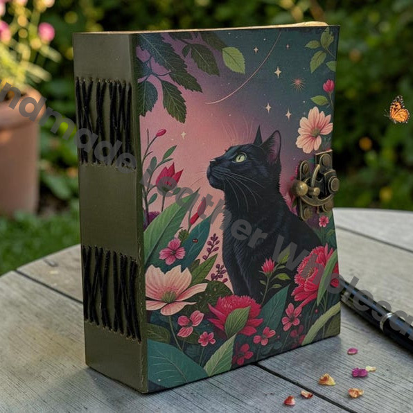 HLW Black Cat Leather Grimoire, Floral Witchy Journal, Vintage Deckle Edge Paper