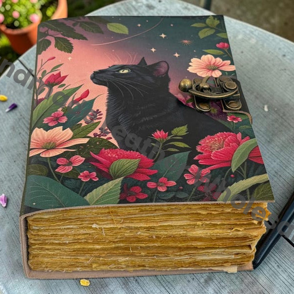 HLW Black Cat Leather Grimoire, Floral Witchy Journal, Vintage Deckle Edge Paper