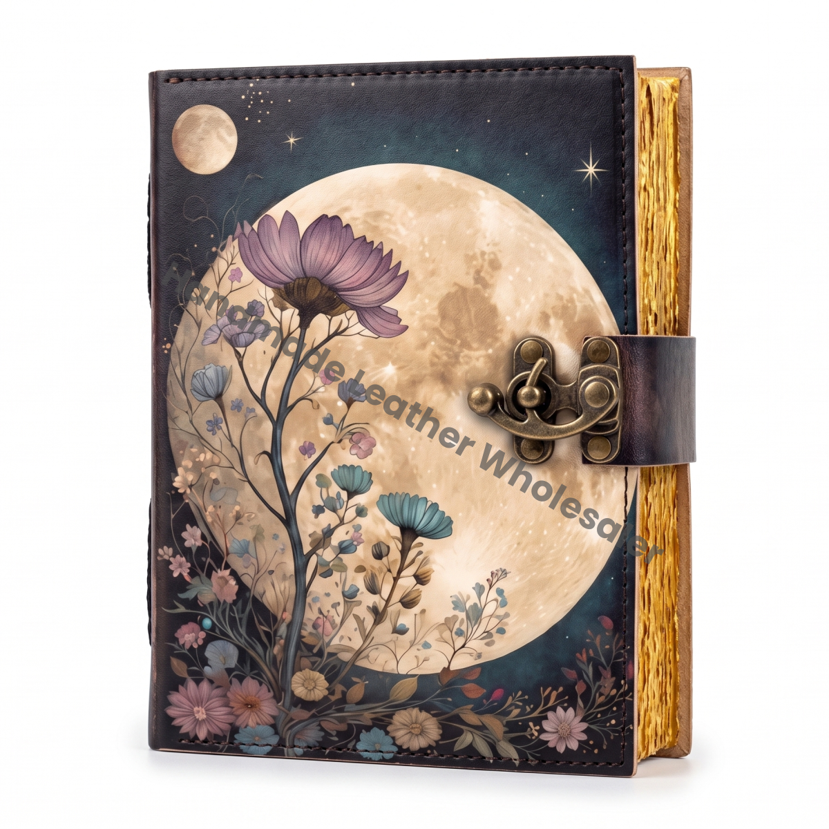 HLW Celestial Moon Leather Journal with Flower, Vintage Grimoire Notebook, Handmade Deckle Paper Diary, Witchy Gift for him her