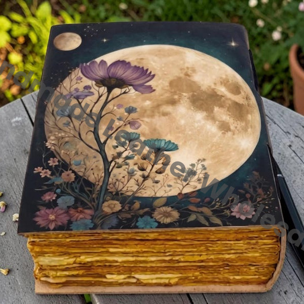 HLW Celestial Moon Leather Journal with Flower, Vintage Grimoire Notebook, Handmade Deckle Paper Diary, Witchy Gift for him her