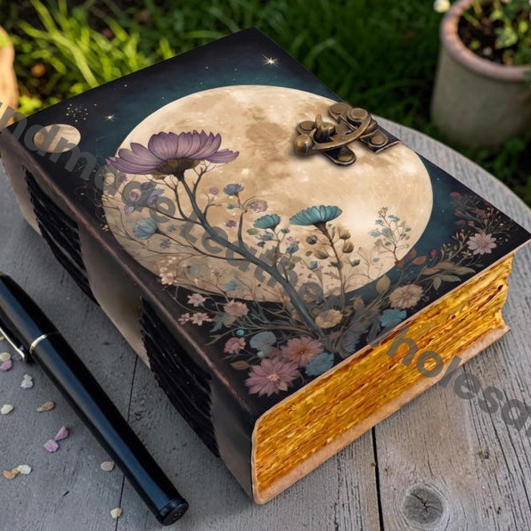 HLW Celestial Moon Leather Journal with Flower, Vintage Grimoire Notebook, Handmade Deckle Paper Diary, Witchy Gift for him her