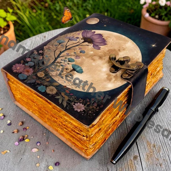HLW Celestial Moon Leather Journal with Flower, Vintage Grimoire Notebook, Handmade Deckle Paper Diary, Witchy Gift for him her