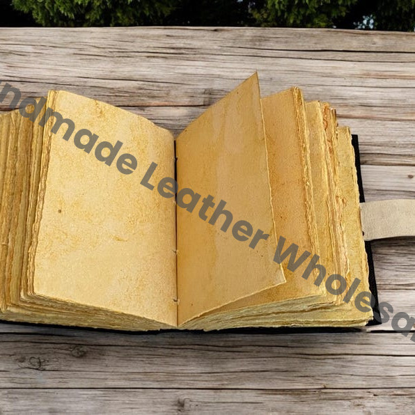 HLW Celestial Moon Leather Journal with Flower, Vintage Grimoire Notebook, Handmade Deckle Paper Diary, Witchy Gift for him her