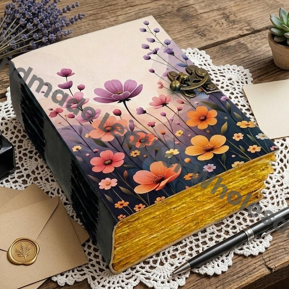 HLW Custom Floral Leather Journal for Women  Personalized Vintage Lock Diary  Handmade Writing Notebook Gift for Mom Her