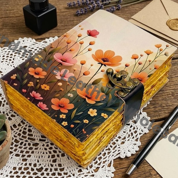 HLW Custom Floral Leather Journal for Women  Personalized Vintage Lock Diary  Handmade Writing Notebook Gift for Mom Her