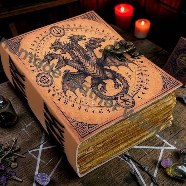 HLW Dragon Leather Grimoire Journal, Gothic Spell Book, Deckle Edge Paper Notebook
