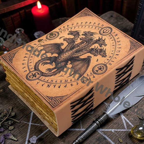 HLW Dragon Leather Grimoire Journal, Gothic Spell Book, Deckle Edge Paper Notebook