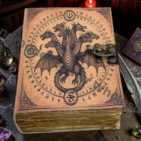 HLW Dragon Leather Grimoire Journal, Gothic Spell Book, Deckle Edge Paper Notebook