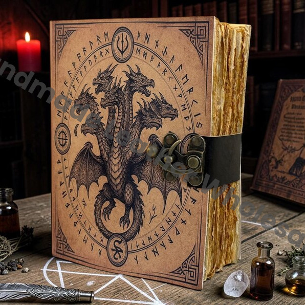 HLW Dragon Leather Grimoire Journal, Gothic Spell Book, Deckle Edge Paper Notebook