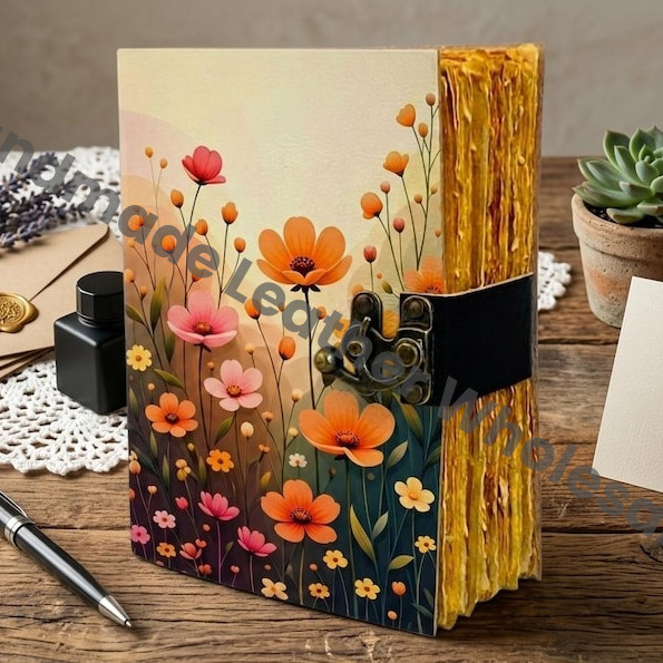 HLW Floral Leather Journal Gift for Her  Personalized Handmade Diary with Lock  Vintage Writing Notebook for Women