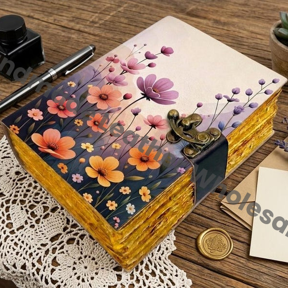 HLW Floral Leather Journal Gift for Her  Personalized Handmade Diary with Lock  Vintage Writing Notebook for Women