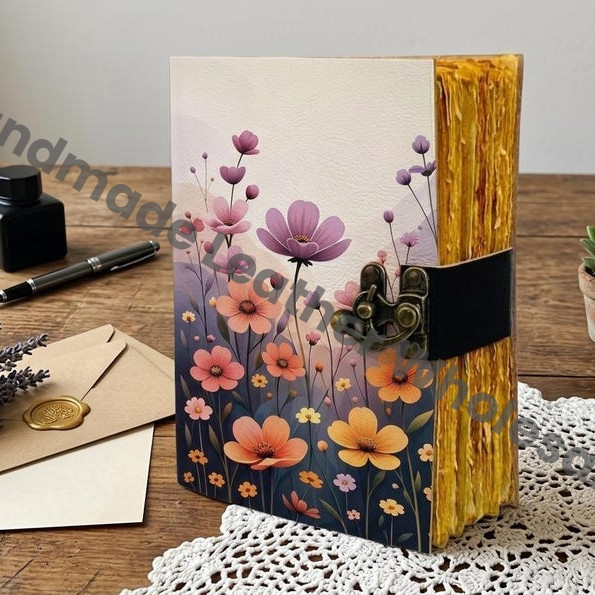 HLW Floral Leather Journal Gift for Her  Personalized Handmade Diary with Lock  Vintage Writing Notebook for Women