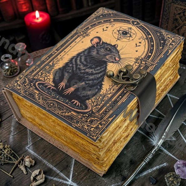 HLW Gothic Rat Leather Grimoire Journal – Witchcraft Spell Book of Shadows, Blank Deckle Edge Pages