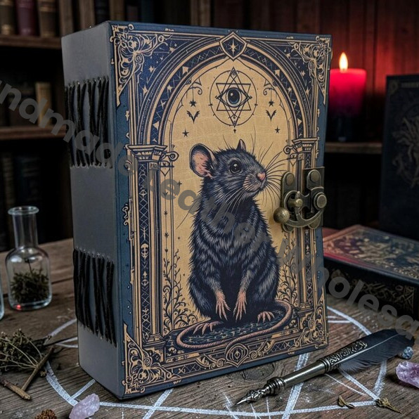 HLW Gothic Rat Leather Grimoire Journal – Witchcraft Spell Book of Shadows, Blank Deckle Edge Pages