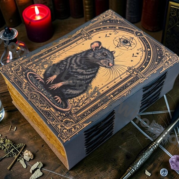 HLW Gothic Rat Leather Grimoire Journal – Witchcraft Spell Book of Shadows, Blank Deckle Edge Pages