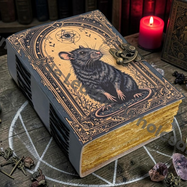 HLW Gothic Rat Leather Grimoire Journal – Witchcraft Spell Book of Shadows, Blank Deckle Edge Pages