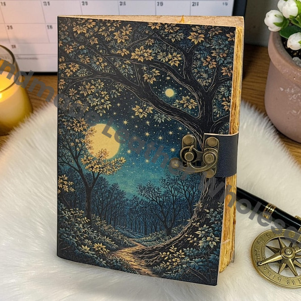 HLW Night Sky Notebook, Moonlit Woodland Diary, Rustic Leather Writing Book, Artisan Journal