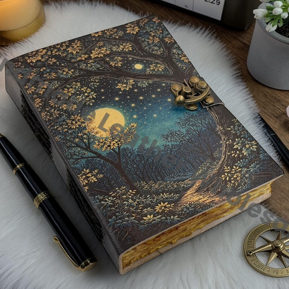HLW Night Sky Notebook, Moonlit Woodland Diary, Rustic Leather Writing Book, Artisan Journal