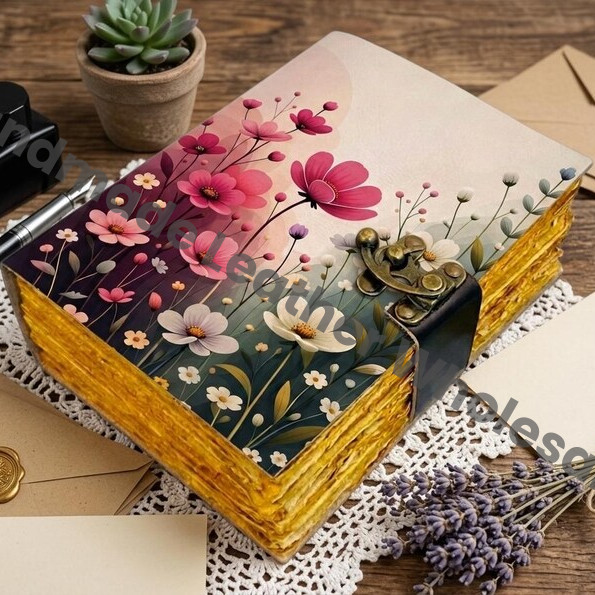 HLW Personalized - Floral Leather Journal for Women  Vintage Birth Flower Diary with Lock  Handmade Notebook Gift for Her