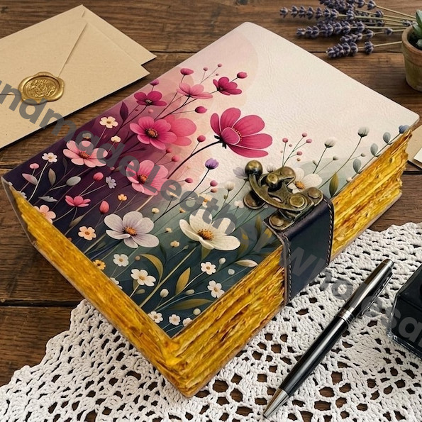 HLW Personalized - Floral Leather Journal for Women  Vintage Birth Flower Diary with Lock  Handmade Notebook Gift for Her