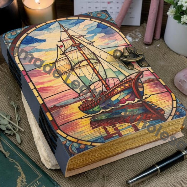 HLW Sailing Ship Leather Journal, Pirate Notebook, Vintage Captain Log Book, Deckle Edge Paper Diary