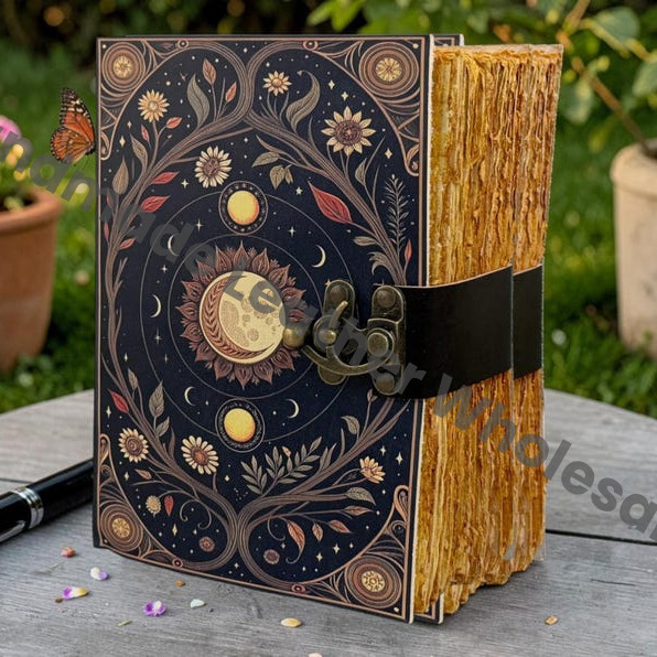 HLW Sun Moon Grimoire Journal, Leather Book of Shadows, Celestial Witchcraft Notebook, Personalized Vintage Diary, Pagan Gift