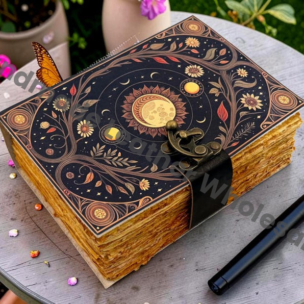 HLW Sun Moon Grimoire Journal, Leather Book of Shadows, Celestial Witchcraft Notebook, Personalized Vintage Diary, Pagan Gift