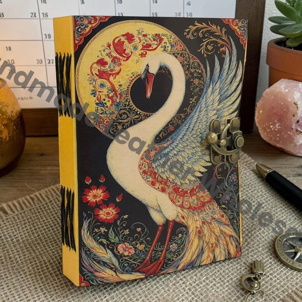 HLW Swan Leather Journal, Deckle Edge Paper Notebook, Grimoire Book of Shadows, Antique Lock Diary