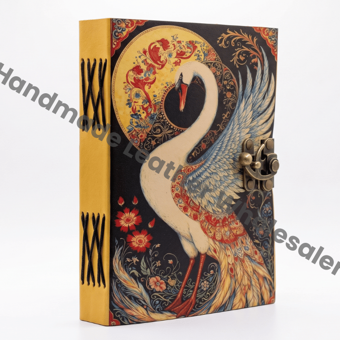 HLW Swan Leather Journal, Deckle Edge Paper Notebook, Grimoire Book of Shadows, Antique Lock Diary