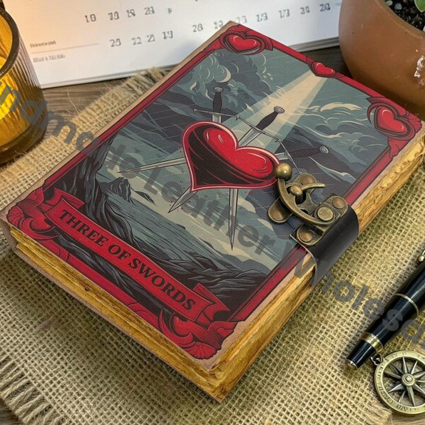 HLW Three of Swords Tarot Leather Journal – Gothic Wiccan Spell Book, Deckle Edge Paper Diary