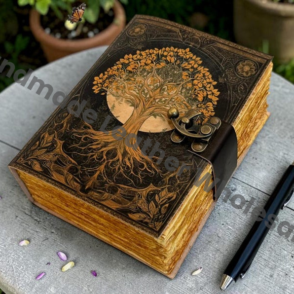 HLW Tree of Life Leather Grimoire, Vintage Spell Book, Witchcraft Journal, Handmade Deckle Edge Notebook
