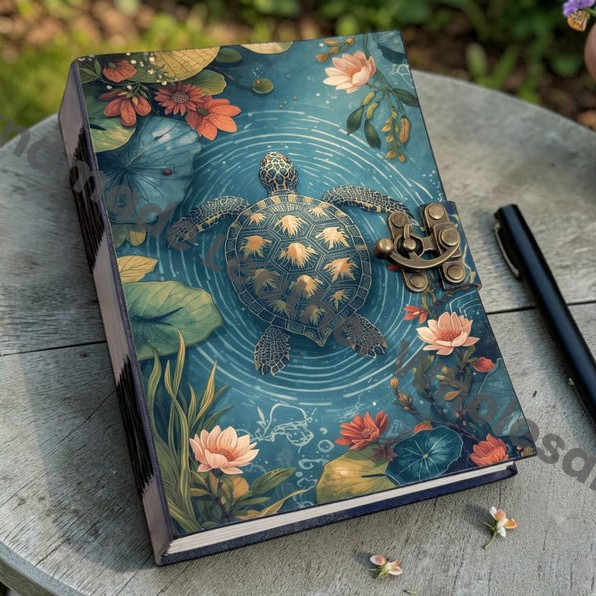 HLW Vintage Turtle Leather Journal, Ocean Inspired Floral Notebook, Handmade Diary, Nature Journal Gift for Him Her,