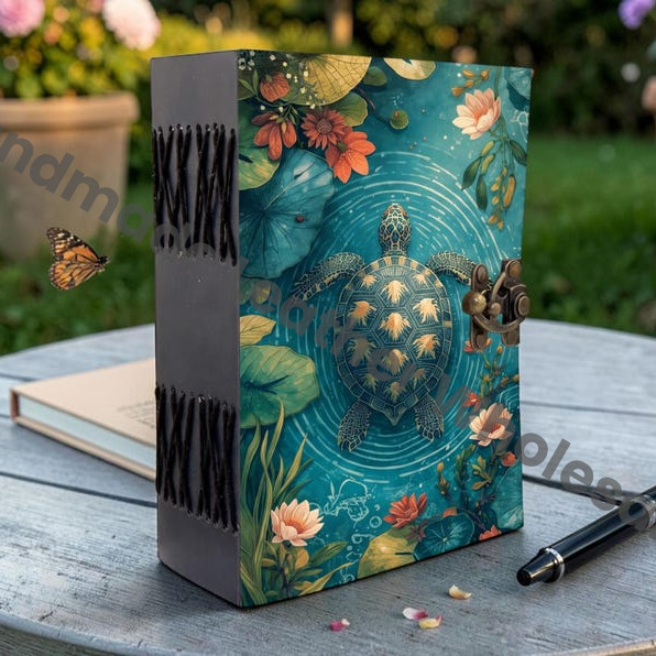 HLW Vintage Turtle Leather Journal, Ocean Inspired Floral Notebook, Handmade Diary, Nature Journal Gift for Him Her,